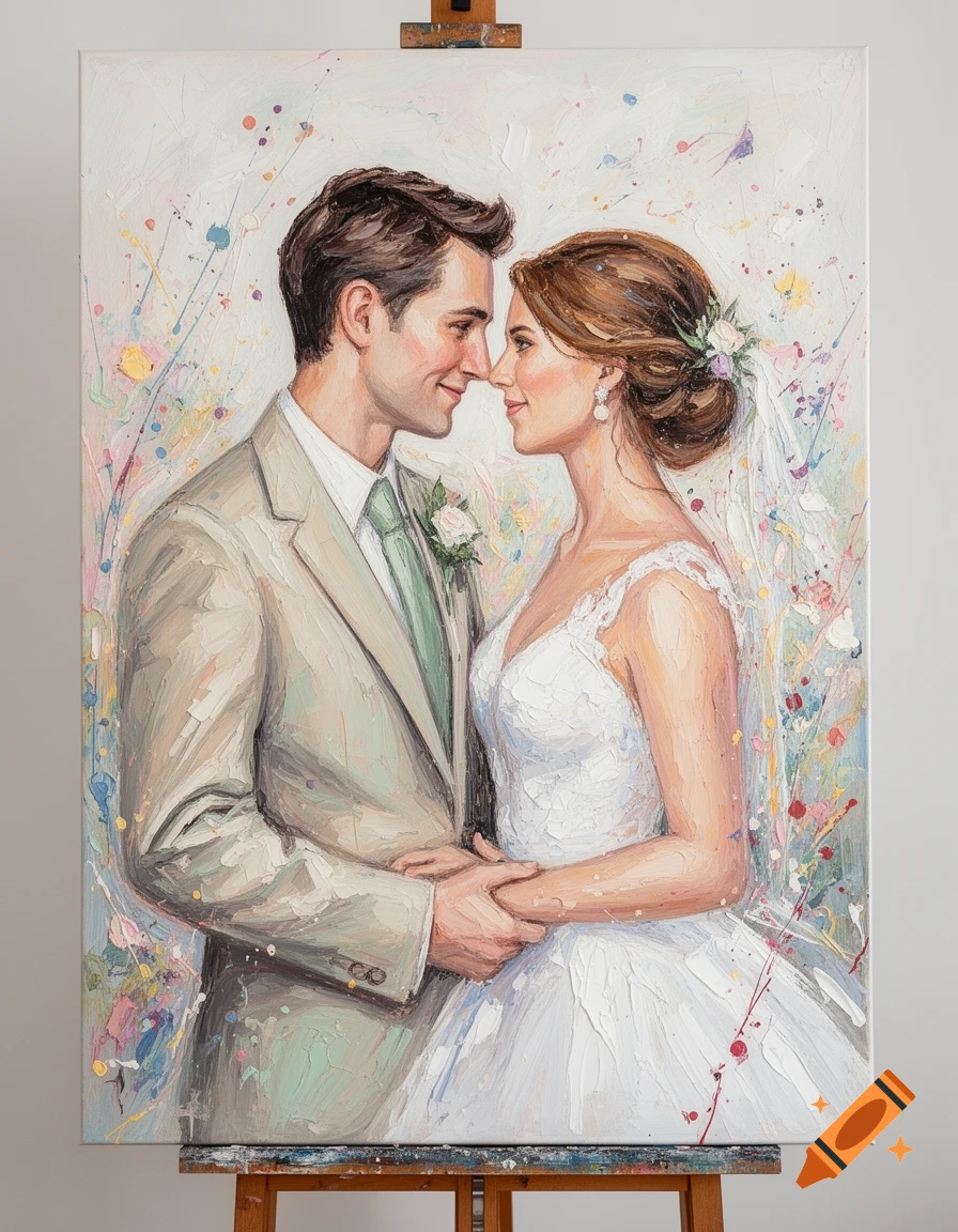 Impressionistic acrylic painting of a bride and groom gazing at each other, holding hands, with a colorful abstract background.
