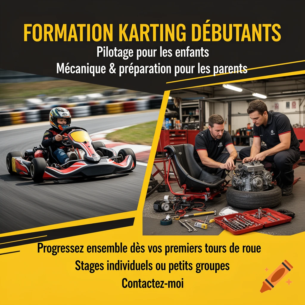 A split image shows a child driving a go-kart on a track and two men working on a kart engine. French text advertises karting training.