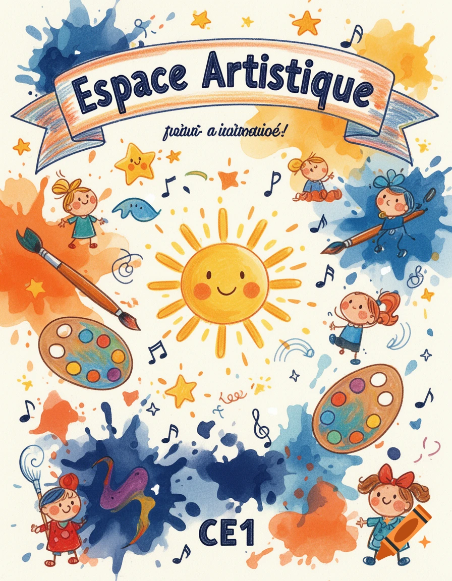 A colorful, cartoony poster for an art class, featuring a banner with "Espace Artistique," cheerful children, paint palettes, paintbrushes, musical notes, stars, and a smiling sun, with "CE1" at the bottom.