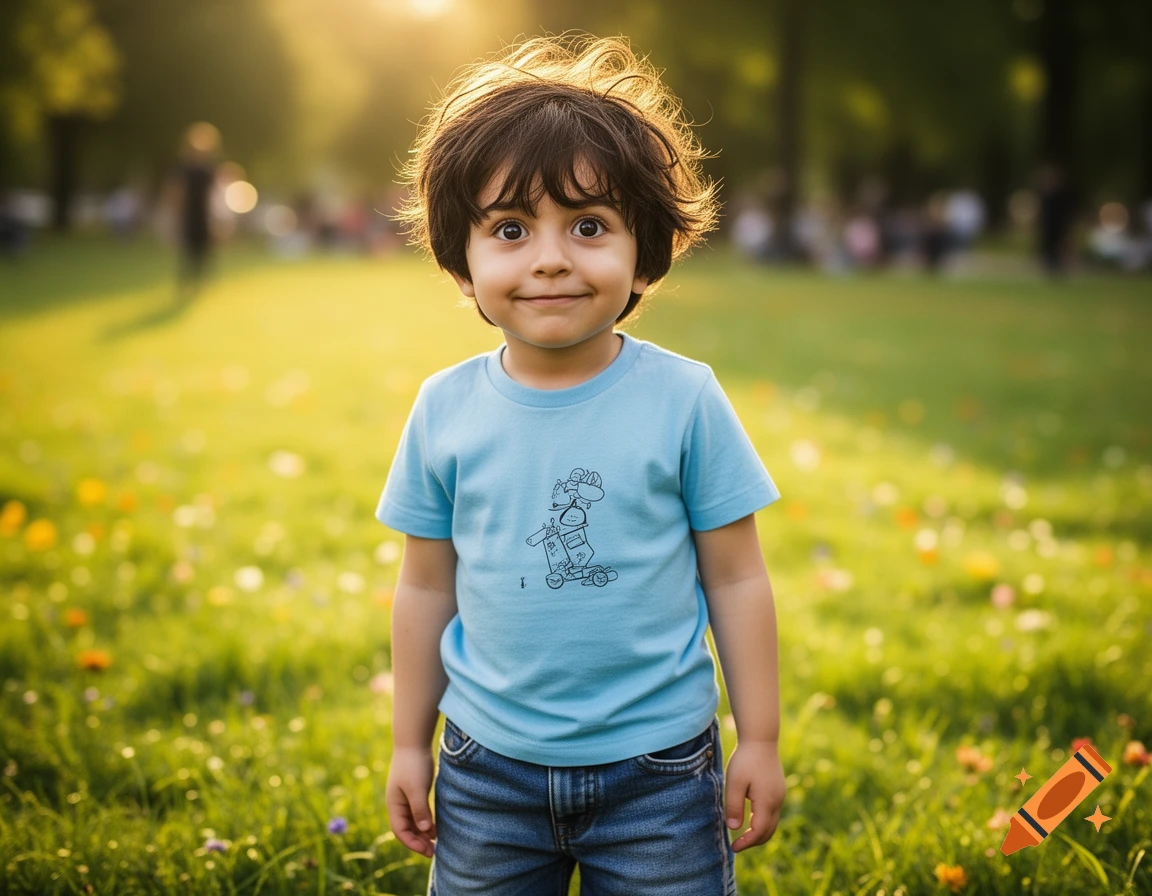 A young, dark-haired boy with wide eyes and a slight smile stands in a sunlit grassy park with blurred trees in the background, wearing a light blue t-shirt and denim shorts.