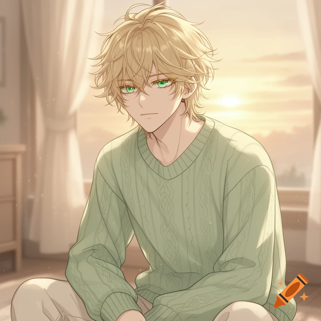 Anime male with messy blonde hair and bright green eyes, wearing a green cable knit sweater, sitting in a sunlit room.