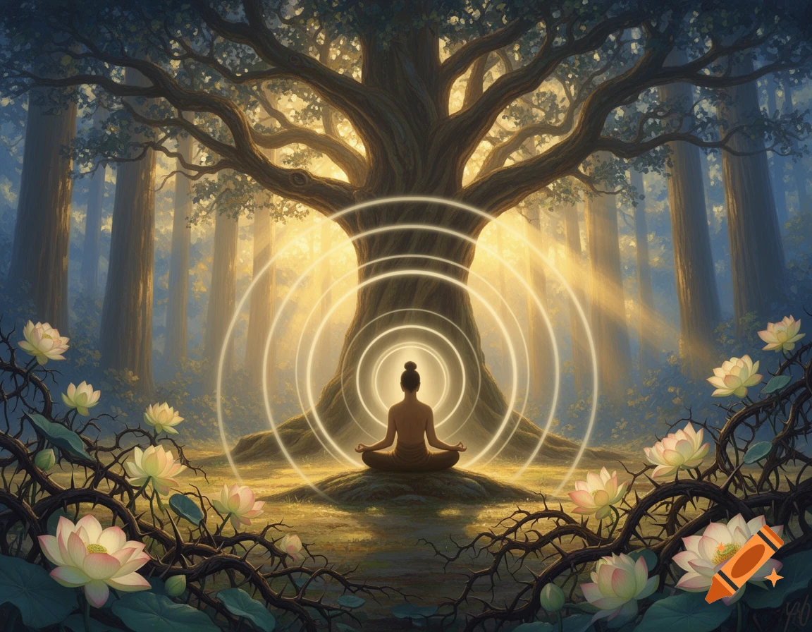 A person meditates in lotus position under a large, glowing tree in a mystical forest with lotus flowers, golden light, and radiating energy circles.