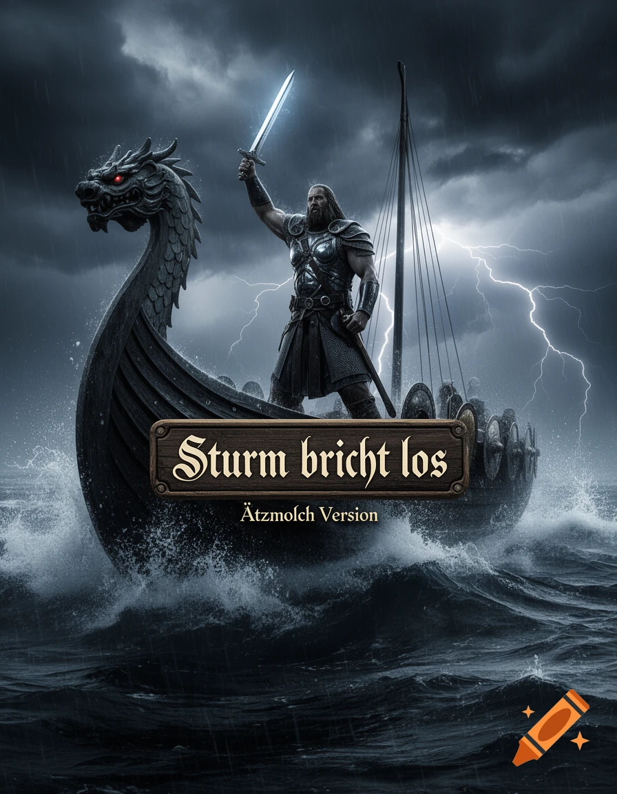 Epic scene of a Viking warrior with a glowing sword on a longship in a stormy sea with lightning. A wooden sign reads 'Sturm bricht los Ätzmolch Version'.