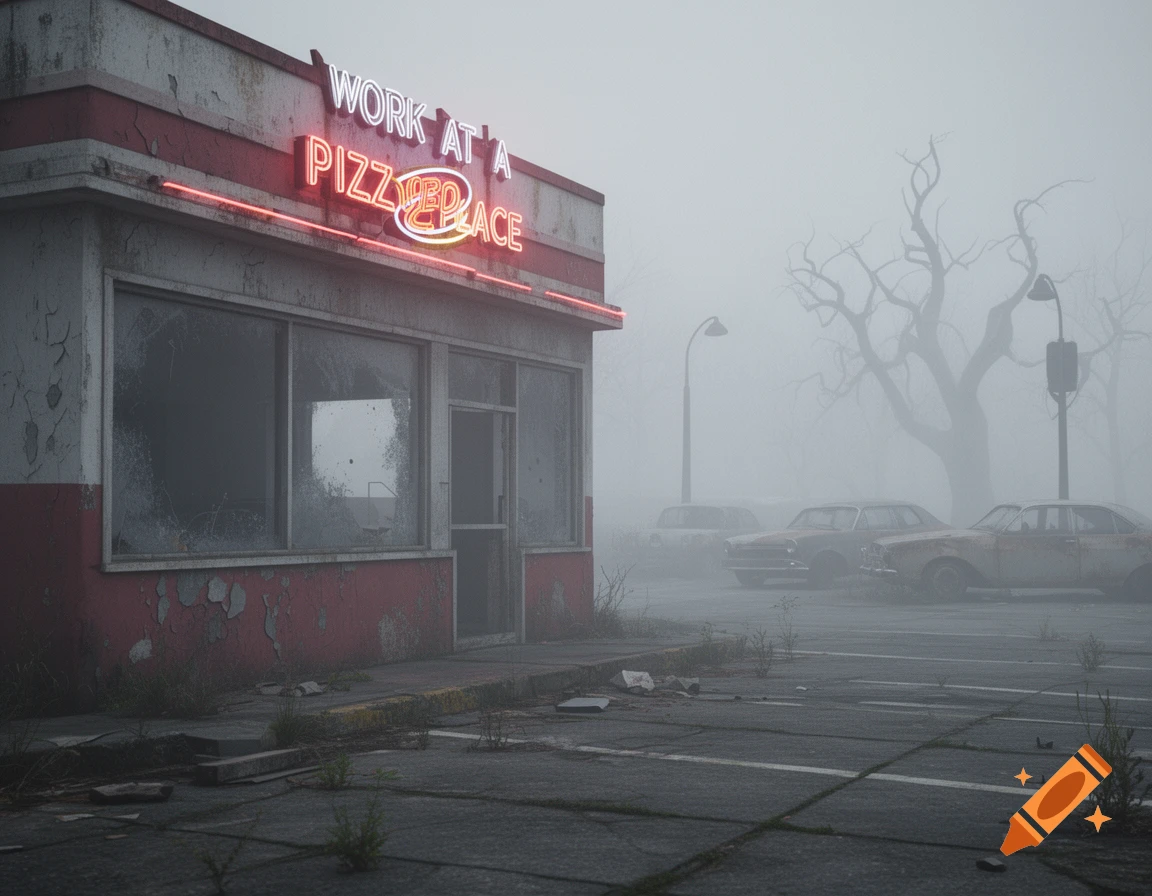 Dilapidated red and white pizza place with a neon sign in thick fog, surrounded by rusty abandoned cars and overgrown pavement.