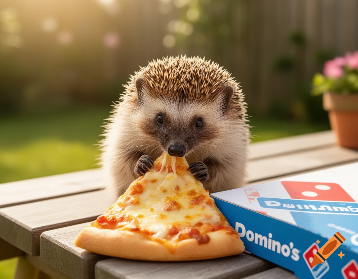 A photorealistic image of a cute hedgehog holding and eating a slice of cheesy pizza next to a Domino's pizza box outdoors.