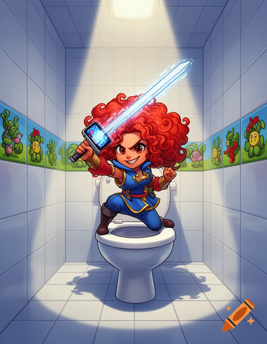 Cartoon character with red curly hair and blue outfit crouches on a toilet, wielding a glowing blue sword, in a tiled bathroom.