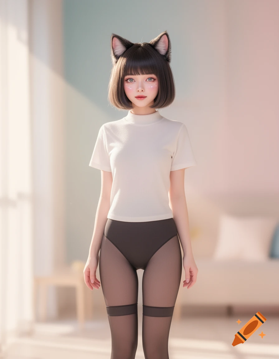 A stylized woman with cat ears and a bob, wearing a white t-shirt, dark briefs, and sheer black stockings in a soft, bright room.