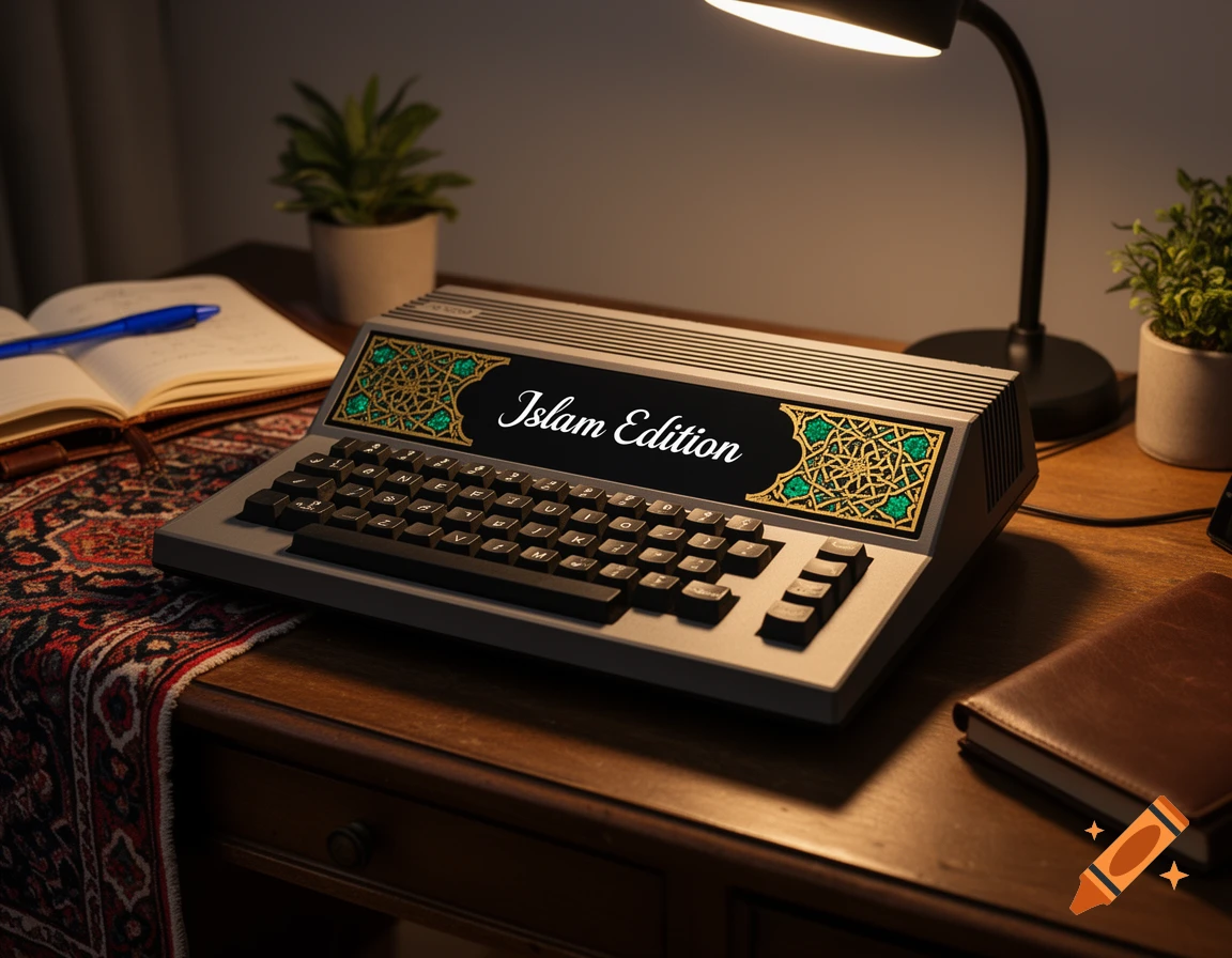 A retro-style computer, an "Islam Edition" ZX Spectrum, sits on a wooden desk with a lamp, plants, and books.