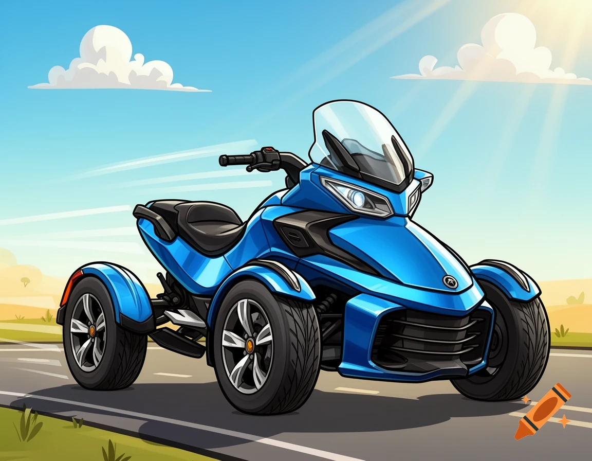 A blue three-wheeled motorcycle, resembling a Can-Am Spyder, on a road under a blue sky in a vibrant cartoon style.
