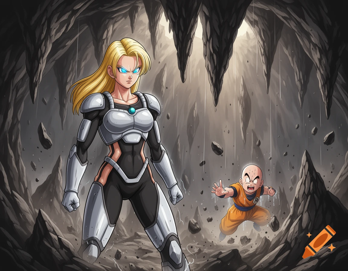 Anime depiction of Android 18 in a body suit and armor, standing in a collapsing cave as Krillin struggles in the background.