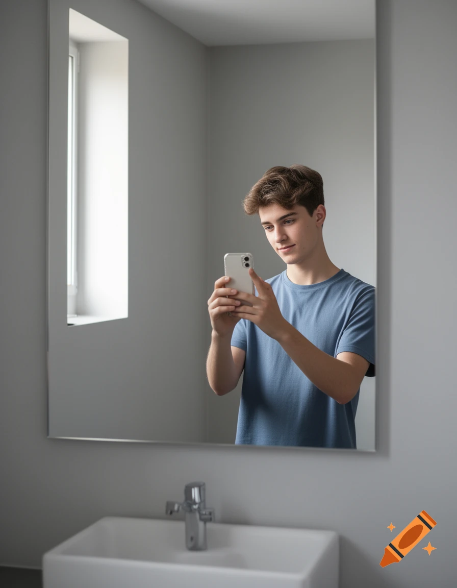 A young man in a blue t-shirt takes a selfie in a bathroom mirror, with a sink and a window visible.