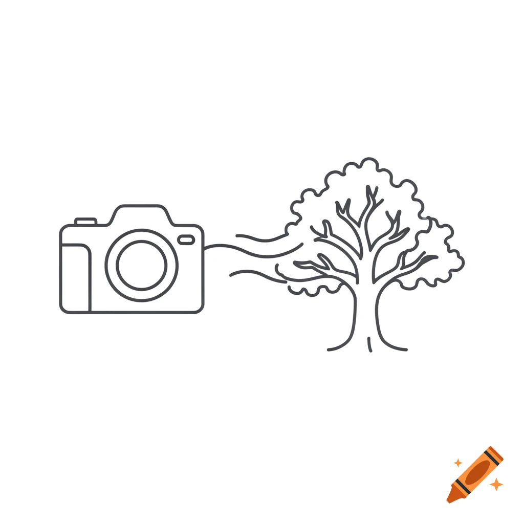 Thin line art icon of a camera pointing towards an oak tree.