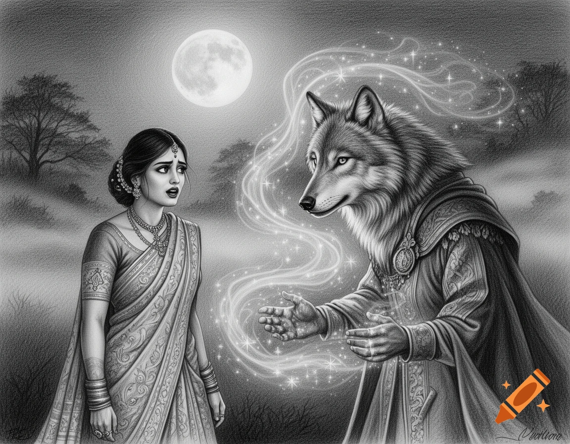 Detailed pencil sketch of an Indian woman watching a wolf magically transforming into a prince under a full moon at night.
