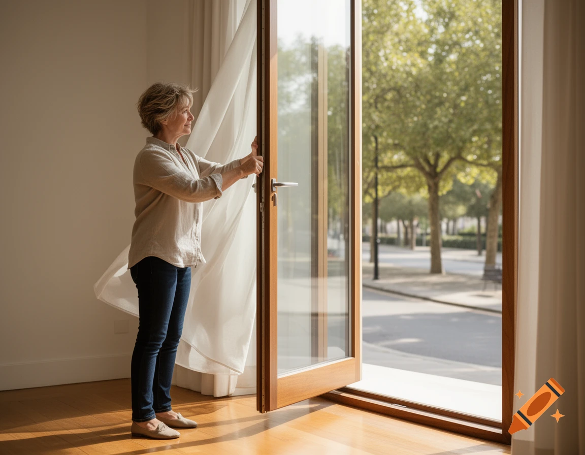 An older woman with short hair opens a large glass door in a bright room, revealing a street with trees outside.