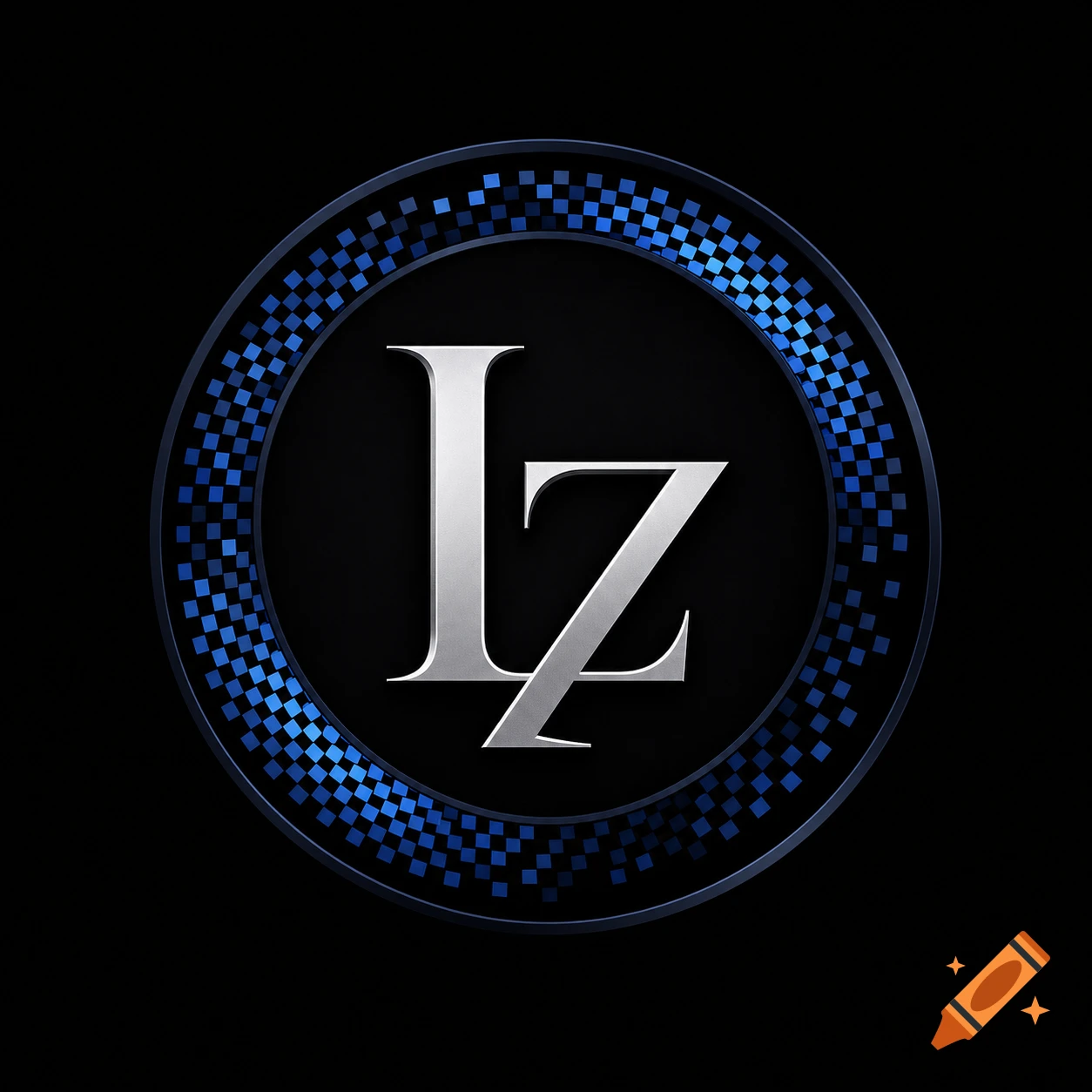A minimalist logo featuring metallic silver 'LZ' letters centered within a dark blue ring with a blue pixel checkerboard pattern, on a black background.