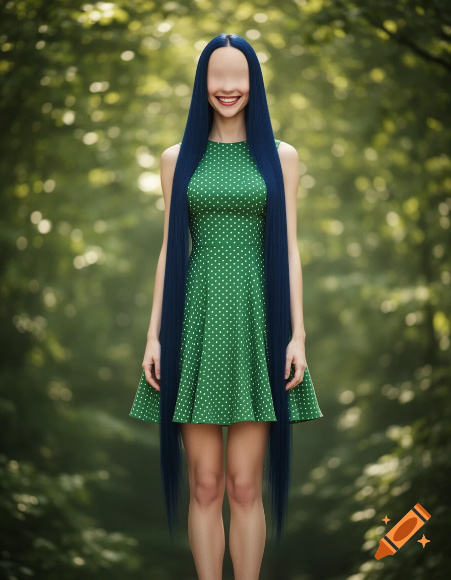 A tall woman with long blue hair and a green polka-dot dress, her featureless face showing only a wide smile, stands in a forest.