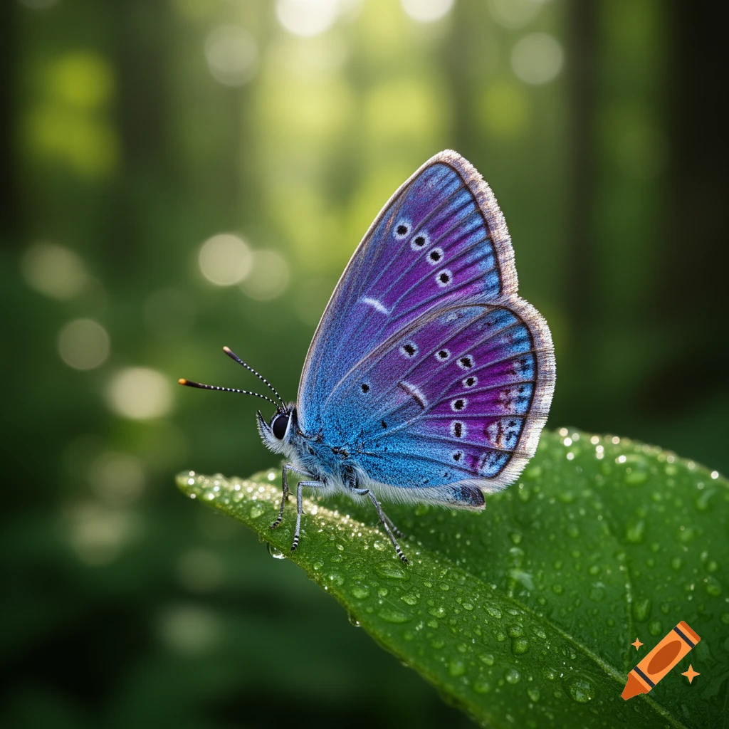 A vibrant blue and purple butterfly with iridescent wings rests on a dew-covered green leaf, with a soft, sunlit forest bokeh background.
