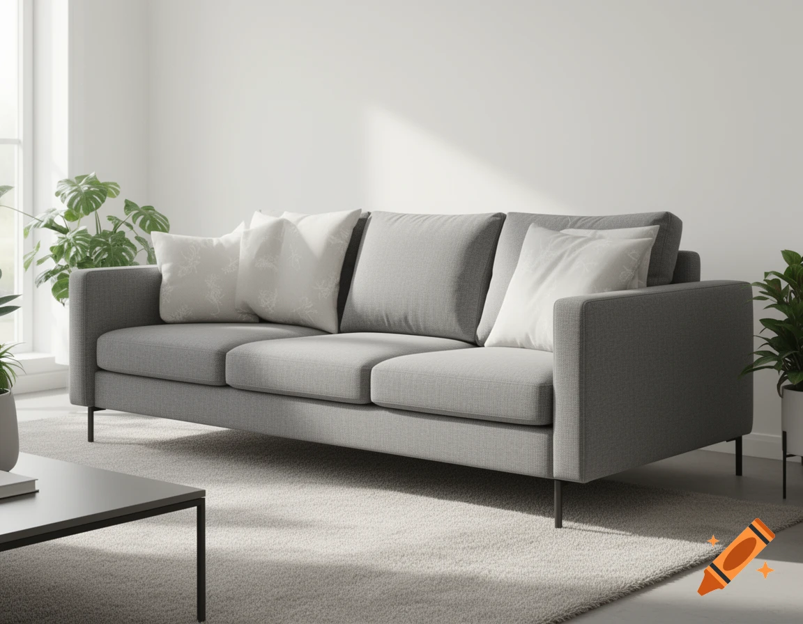 A modern grey sofa with white patterned throw pillows in a minimalist living room with plants and a coffee table, photorealistic style.