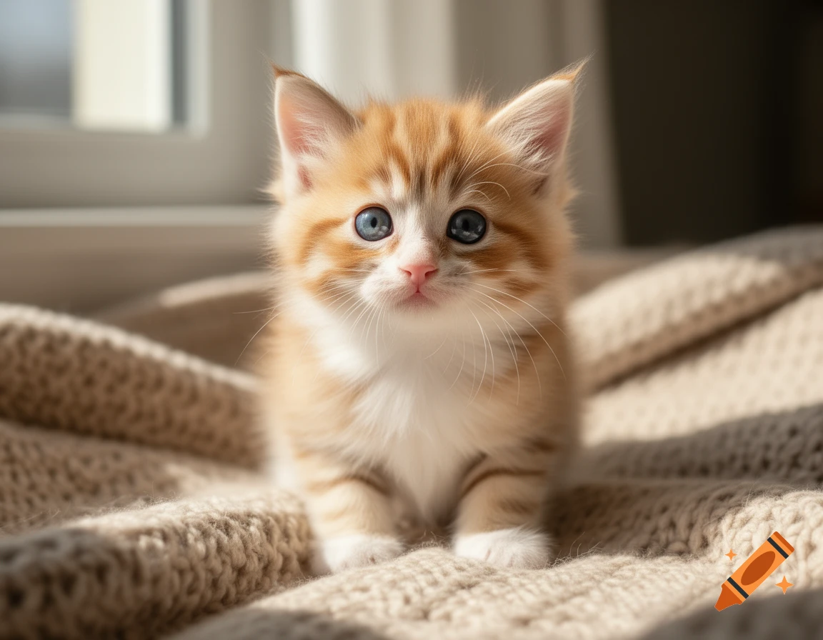 A fluffy orange and white kitten with bright blue eyes sits on a beige knitted blanket, bathed in sunlight.