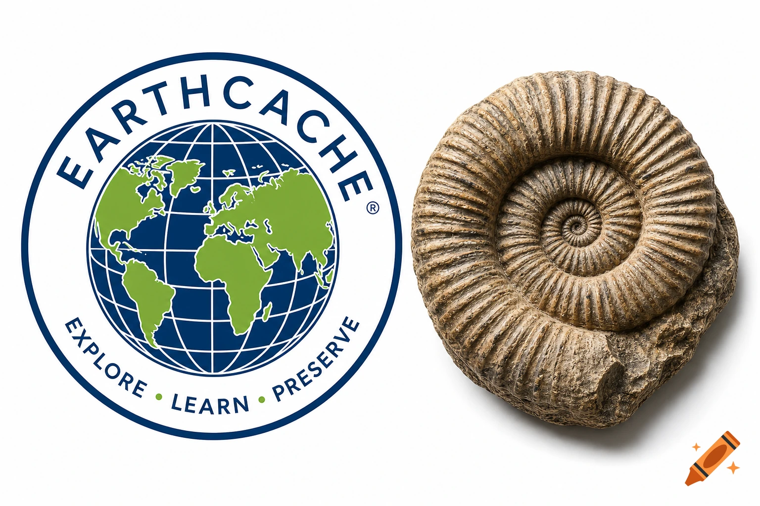 A circular EarthCache logo with a globe and text, next to a detailed brown ammonite fossil on a white background.