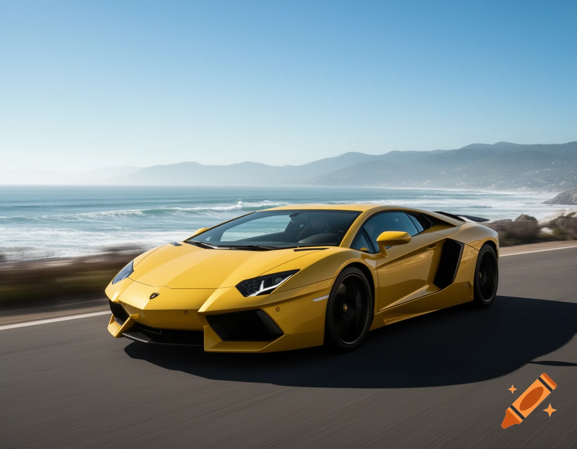 A bright yellow Lamborghini supercar drives along a scenic coastal highway under a clear blue sky, with the ocean and mountains in the background.