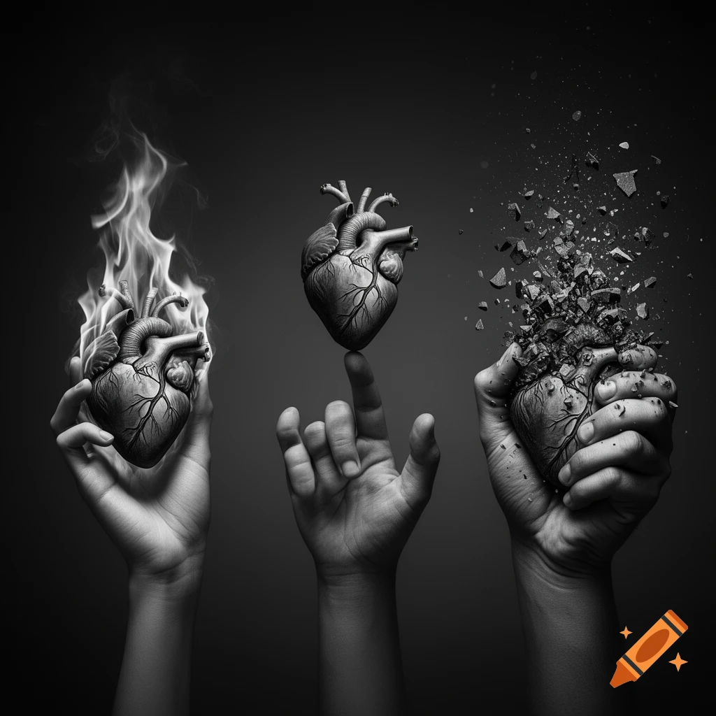 Three black and white hands with anatomical hearts: one burning, one balanced on a finger, one being crushed and shattering.