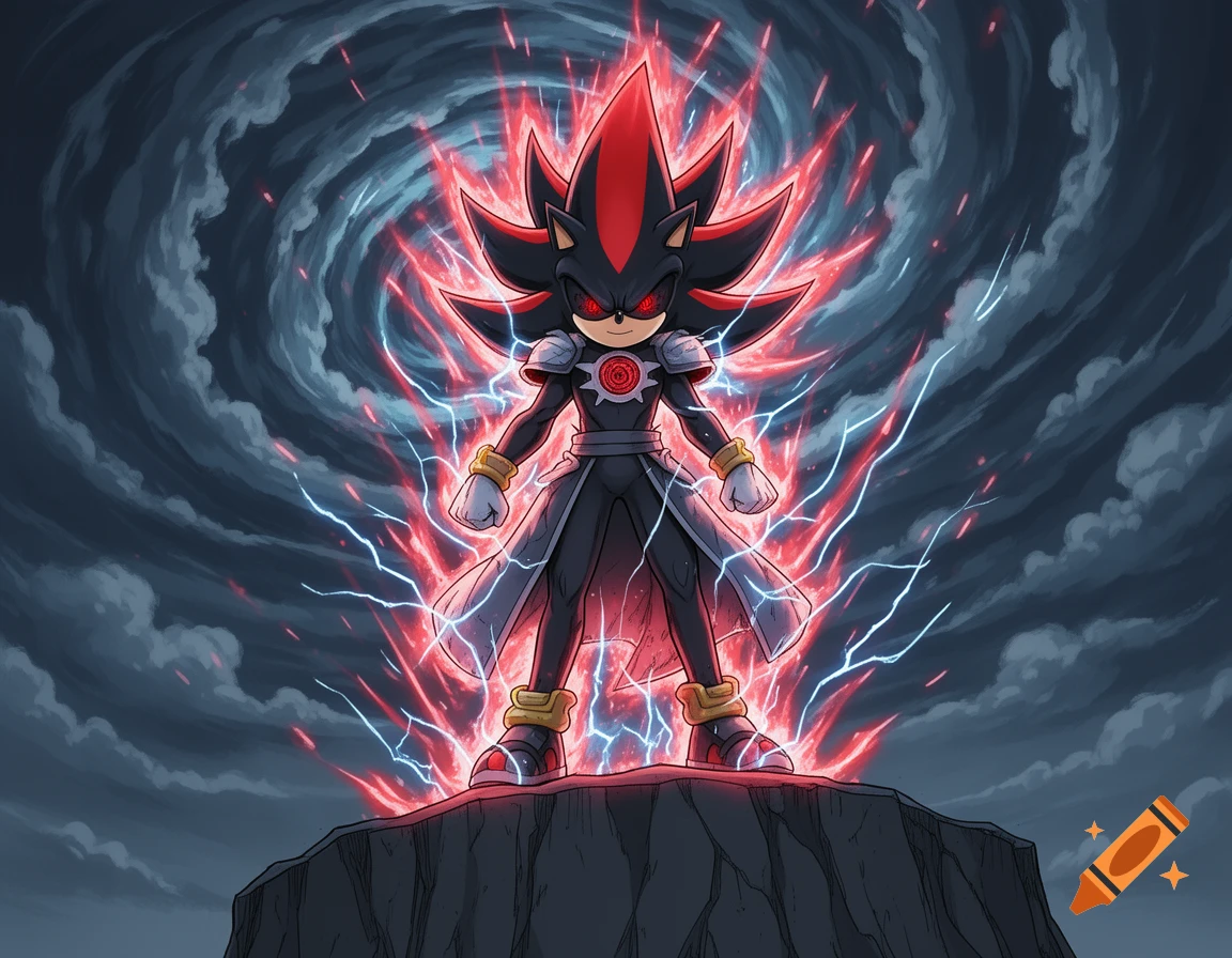 Anime-style character resembling Shadow the Hedgehog with red energy aura and lightning, standing on a cliff against a dark, stormy sky.