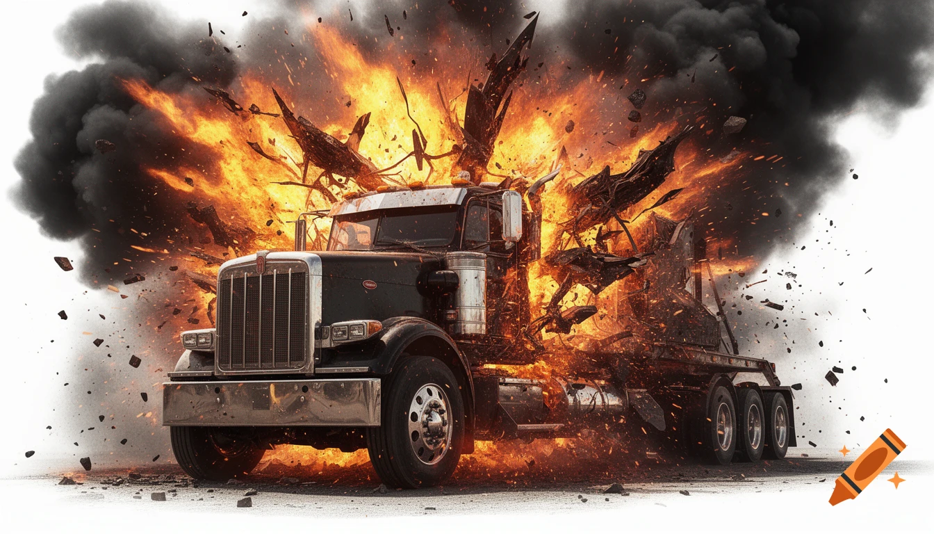 An 18-wheeler truck is engulfed in a massive explosion, with flames, smoke, and debris bursting outwards against a white background.