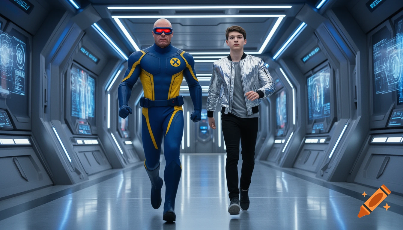 A bald superhero in a blue and yellow suit with a red visor walks alongside a young man in a silver jacket through a futuristic corridor.