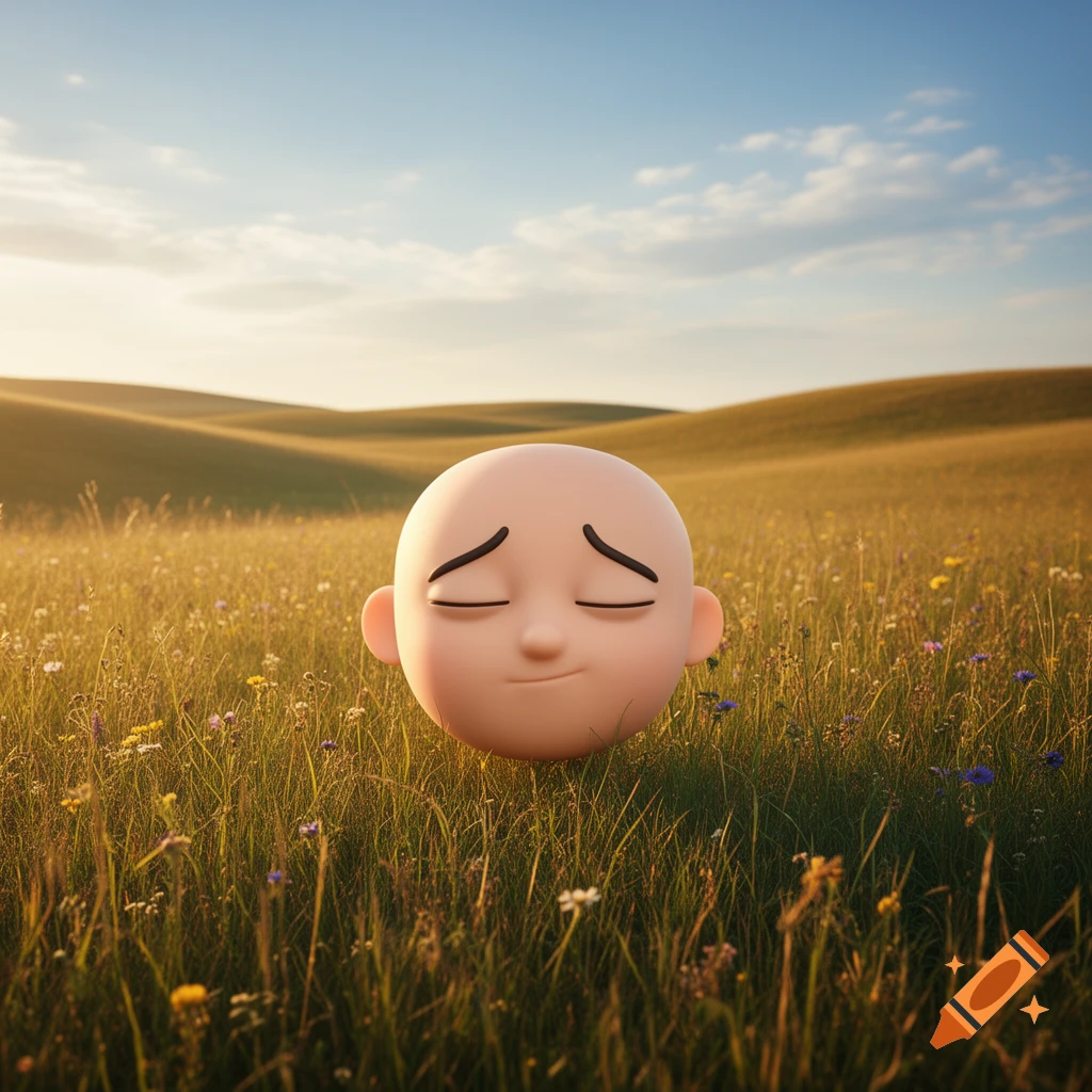 A 3D render of a bald, cartoon-style head with closed eyes and a serene smile, floating in a sunny golden meadow with rolling hills.