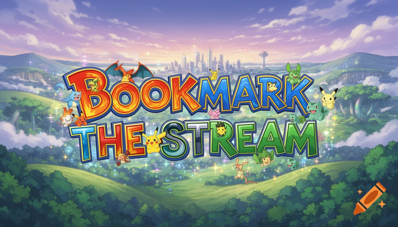 Colorful cartoon image with various Pokemon characters surrounding the text "BOOKMARK THE STREAM" over a bright, fantastical landscape with a city in the distance.