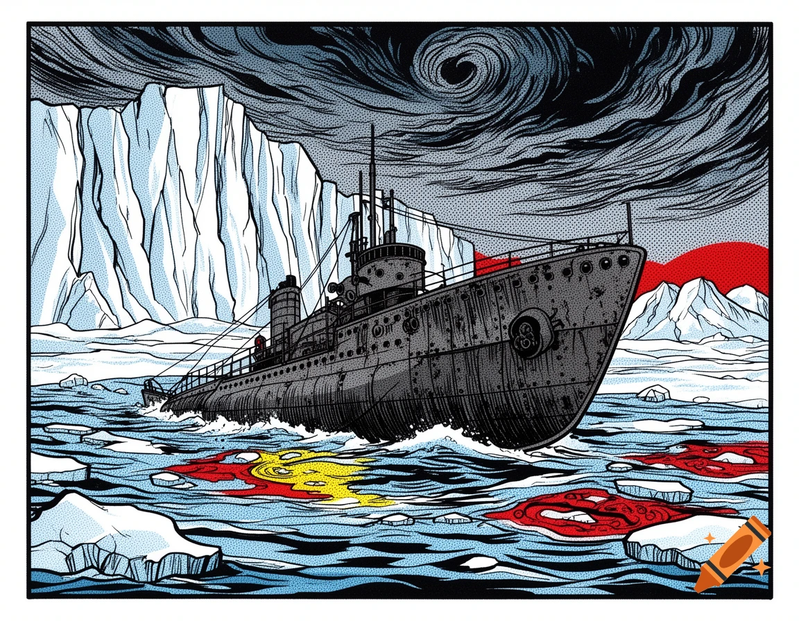 Vintage comic art of a WWI submarine in an icy, red and yellow stained sea under a stormy, swirling sky.