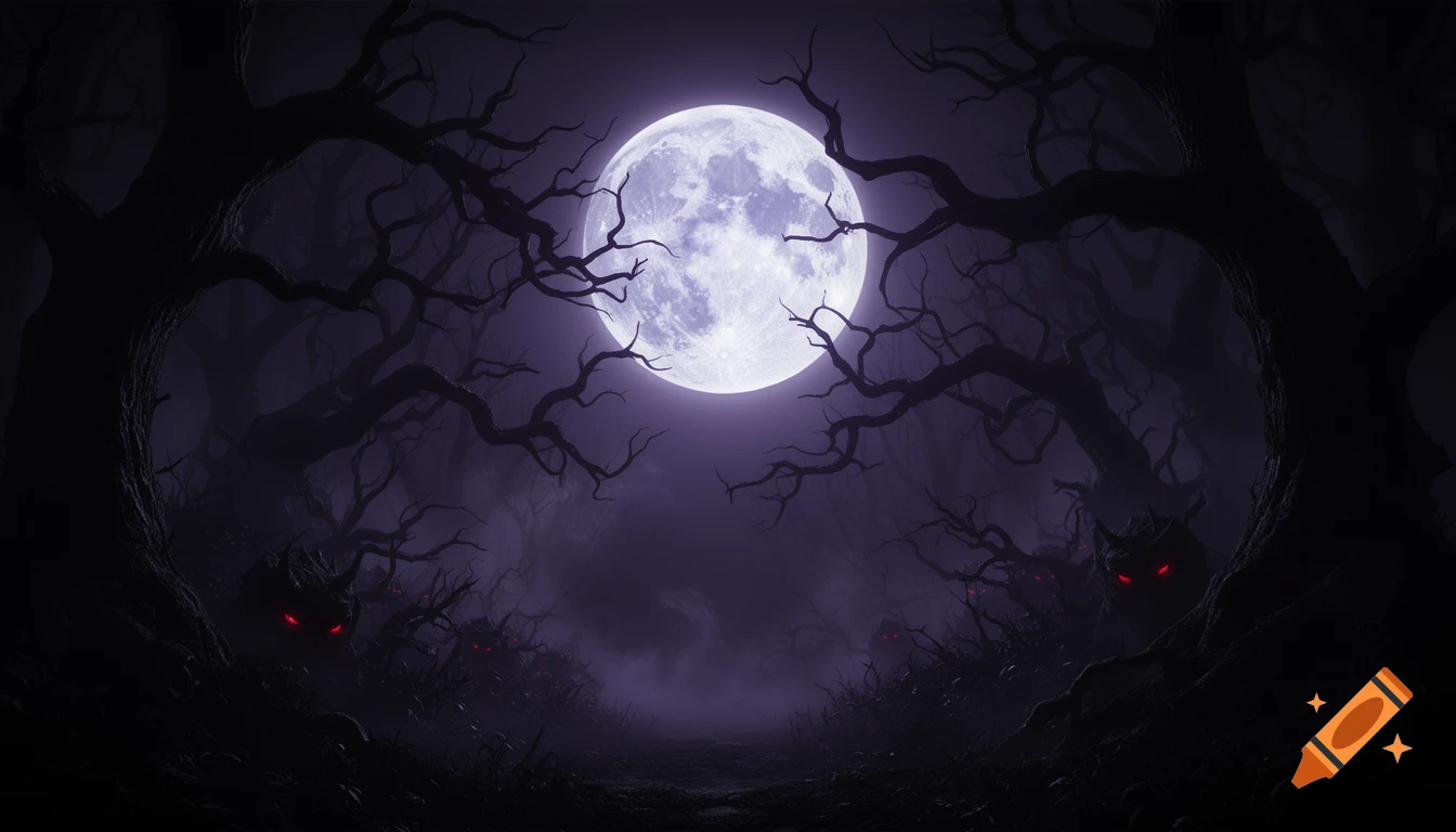 A dark, haunted forest under a large full moon, with twisted, bare tree branches and glowing red eyes hidden in the shadows, in a creepy digital art style.