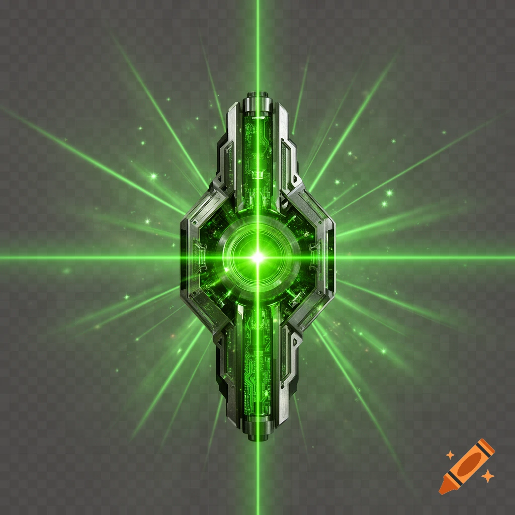 A detailed futuristic green glowing laser device with a central core and circuitry on a transparent background, emitting light rays and flares.