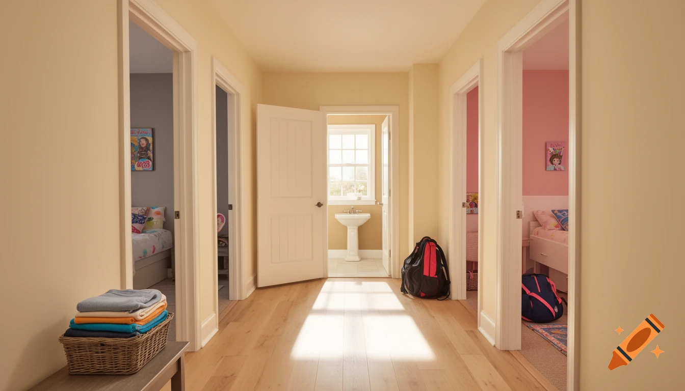 A bright, sunlit hallway in a family home with light wood floors and cream walls. Open doorways reveal colorful bedrooms and a bathroom, with a basket of laundry and sports bags in the hall.