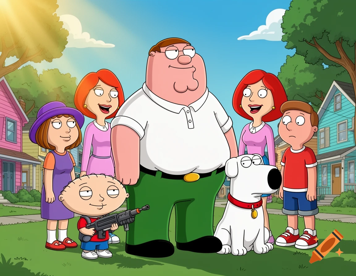 Cartoon image of the Family Guy characters: Peter, Lois, Meg, Chris, Stewie, and Brian, outside their house.