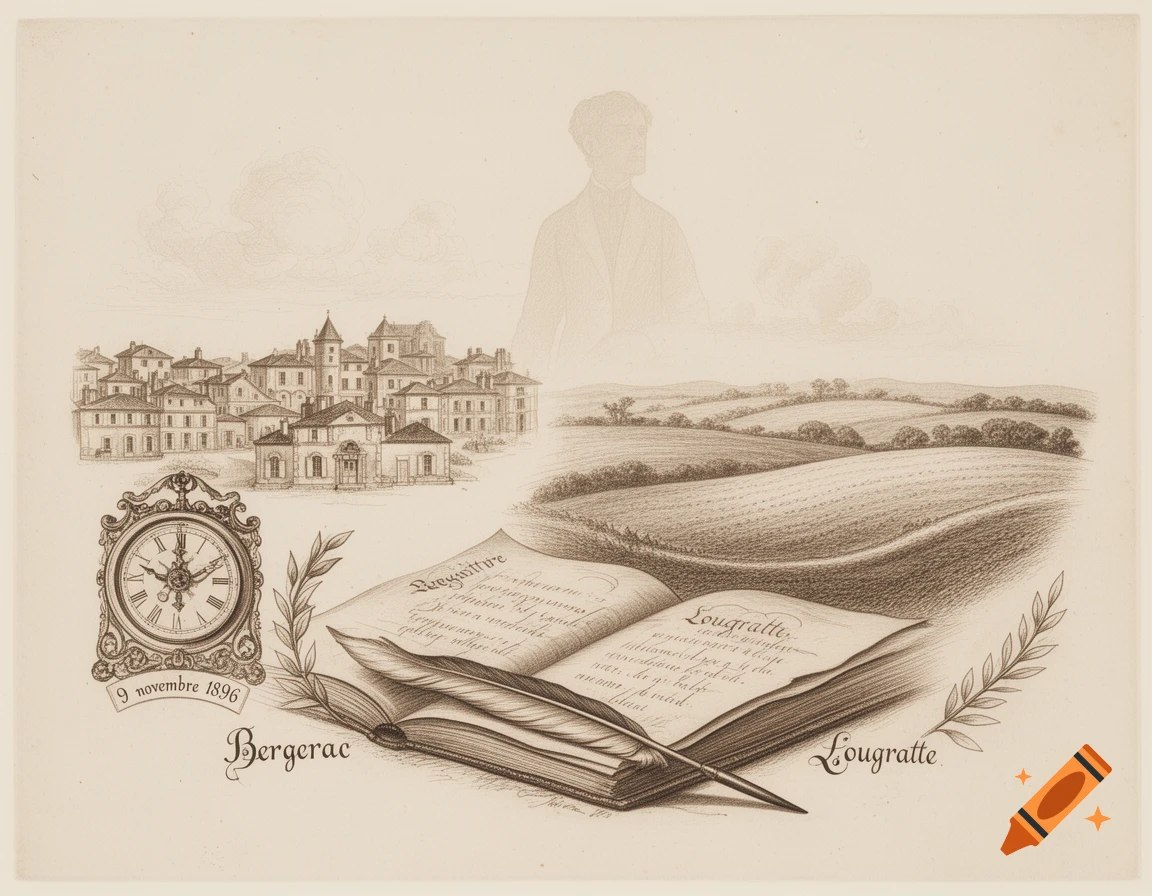 Sepia-toned 19th-century engraving style drawing featuring an open ledger with a quill. To the left is a town labeled 'Bergerac' and a decorative clock showing '9 novembre 1896'. To the right is a rolling landscape labeled 'Lougratte', with a faint silhouette of a man above. Olive branches frame the book.