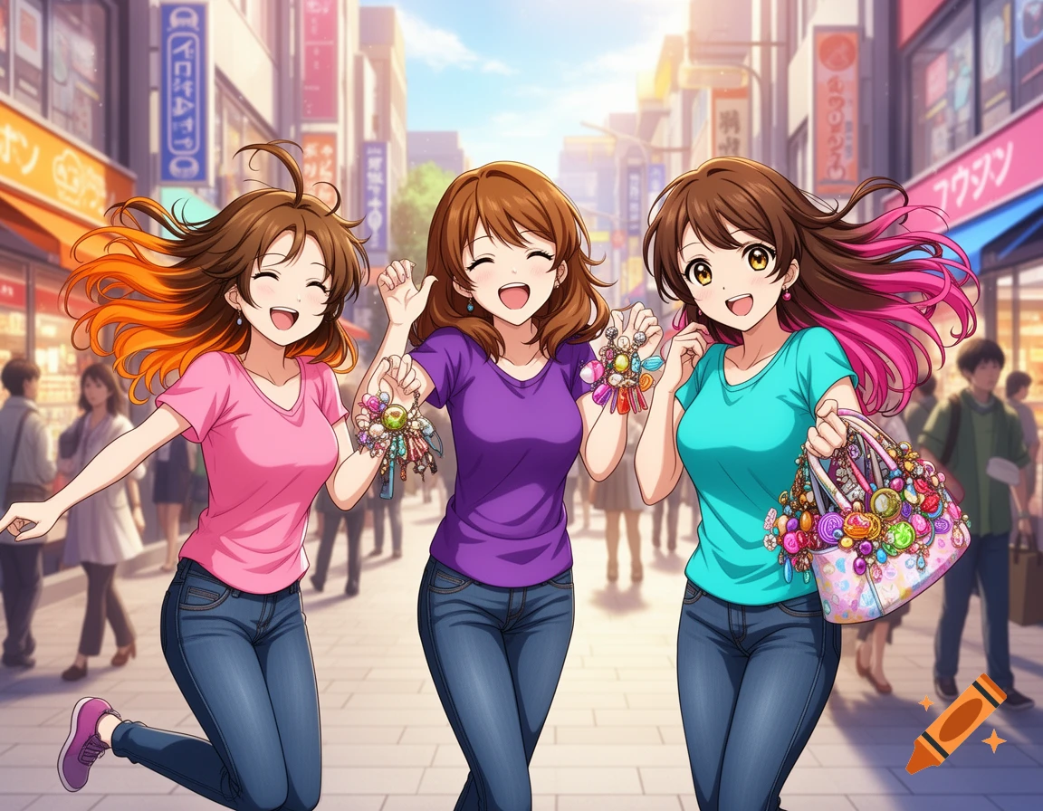 Three smiling anime girls in t-shirts and jeans with colorful hair tips, holding keychains and a decorated bag, walking down a sunny city street.