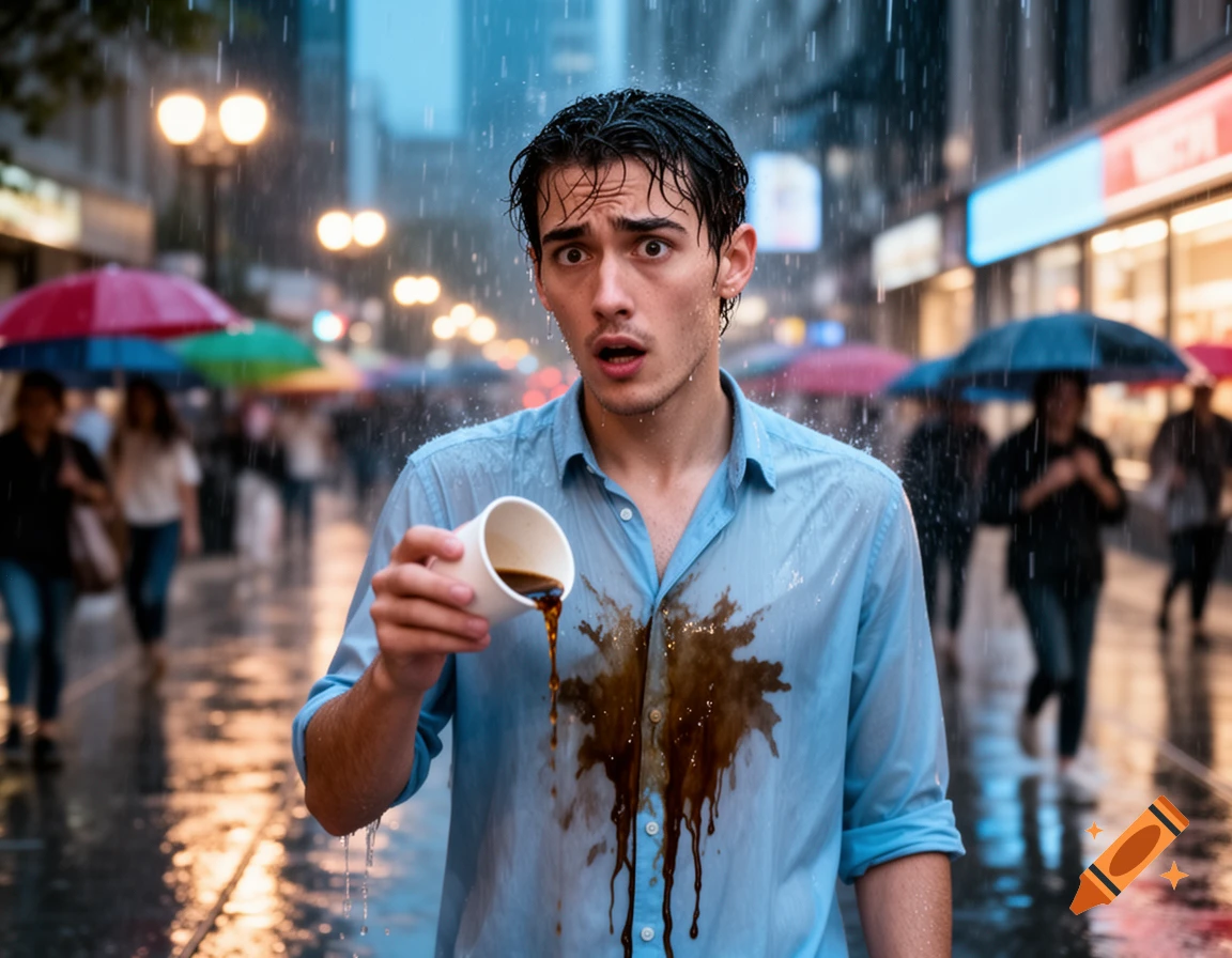 A man with a surprised expression spills coffee on his blue shirt while standing in the rain on a city street.