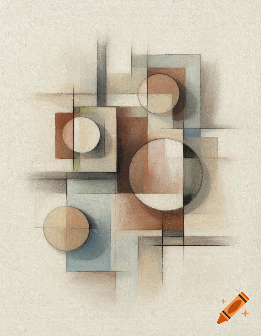 A soft abstract geometric painting with overlapping rectangles and circles in earthy tones and muted blues on a textured canvas.