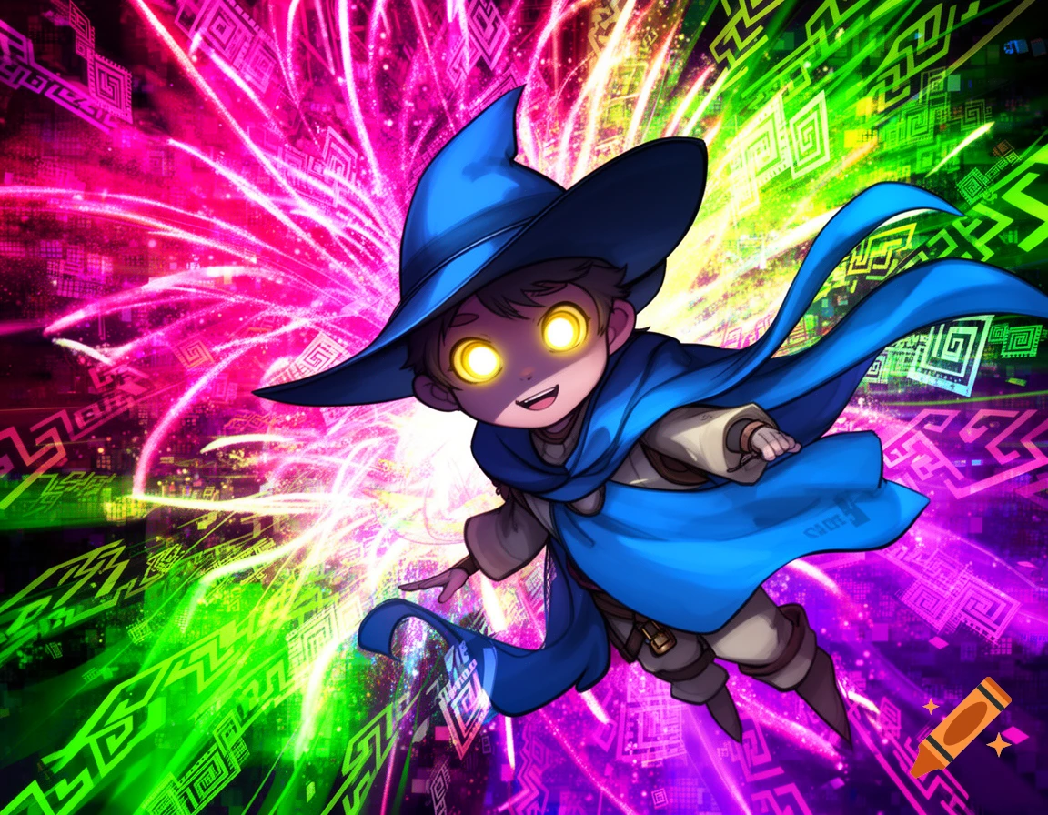 A cheerful, cartoonish wizard character with glowing yellow eyes, wearing a blue hat and cape, floats against an explosive pink and green psychedelic background.