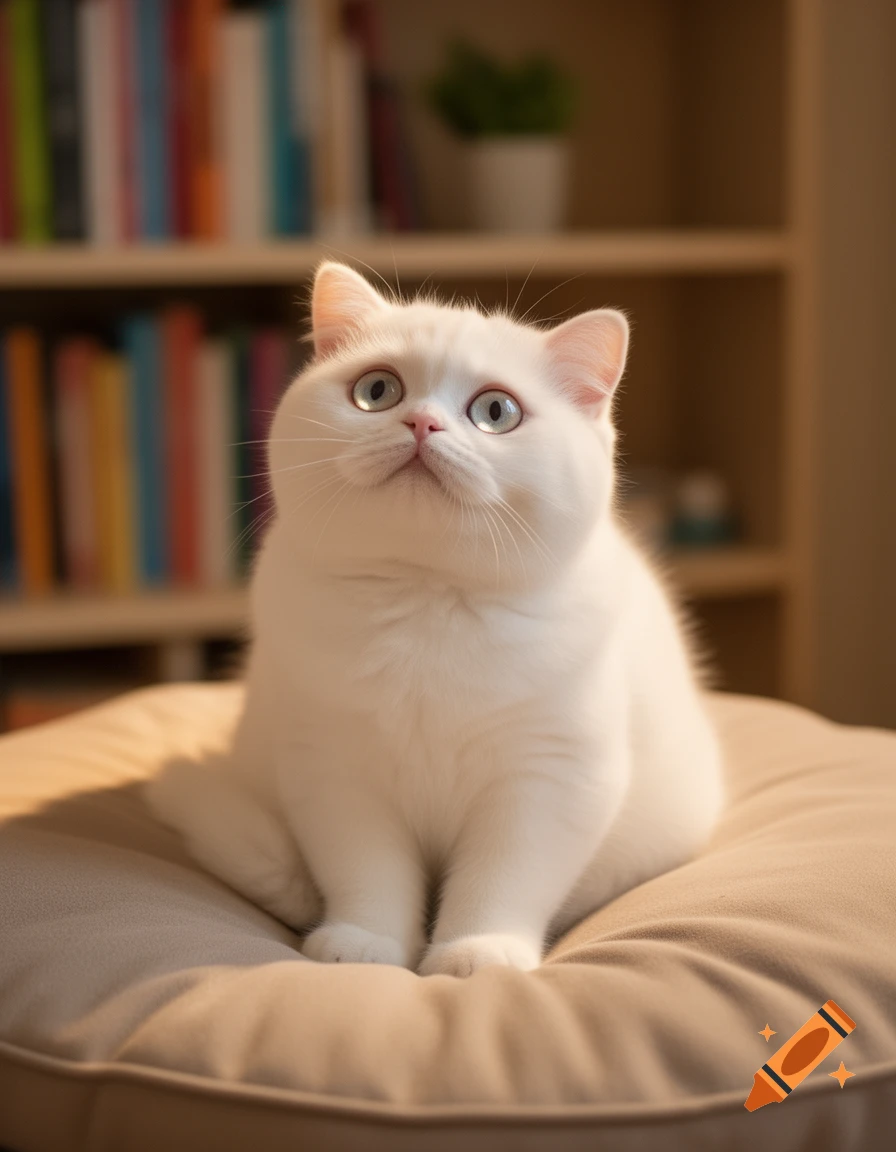 A fluffy white cat with light blue eyes sits on a beige cushion, looking up, in front of a blurred bookshelf.
