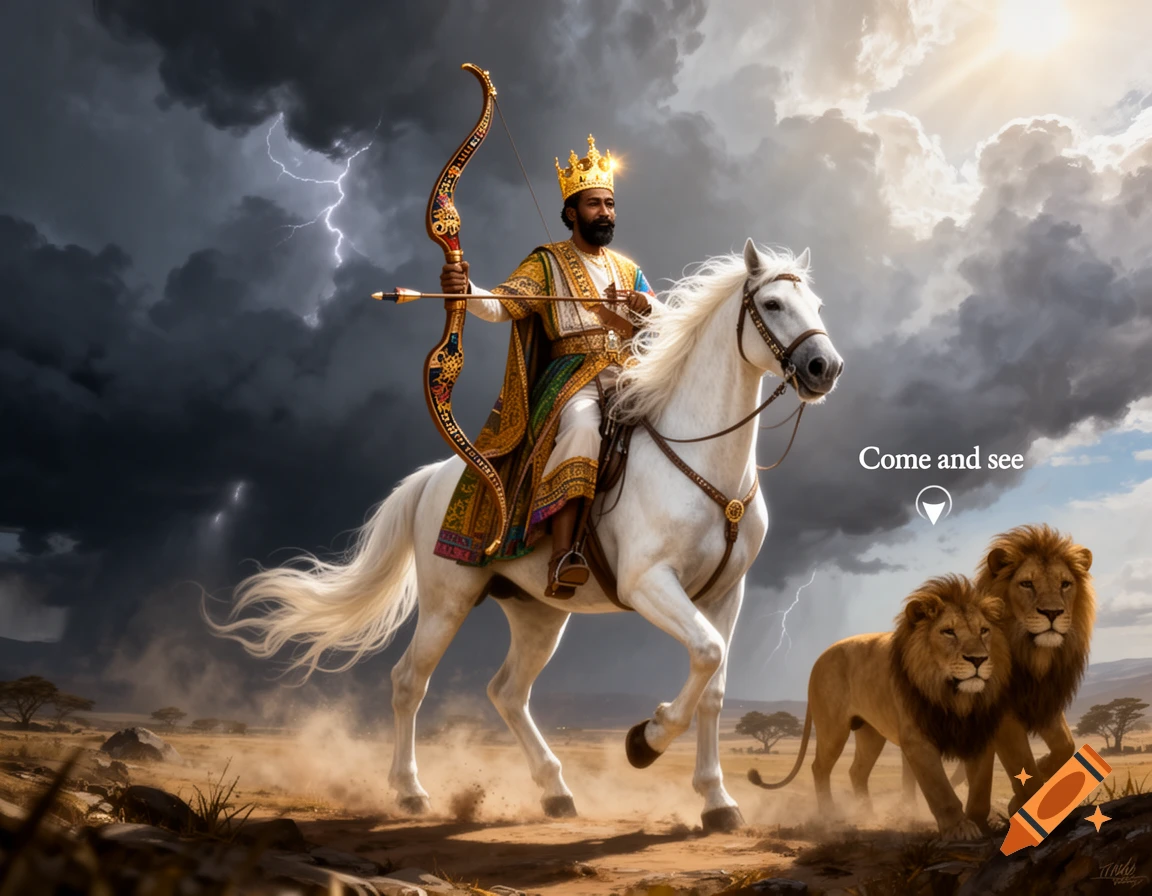 A crowned man with a bow rides a white horse, accompanied by two lions, under a stormy sky with lightning.