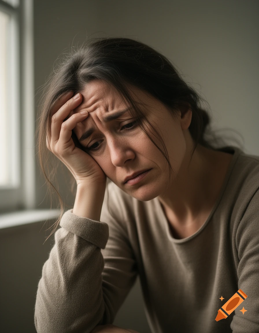 A photorealistic portrait of a distressed woman with her head resting on her hand, looking tired.