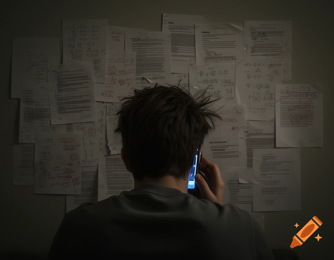 Back of a student's head looking at a wall covered in documents and equations, holding a glowing phone to their ear in a dark, drab room.