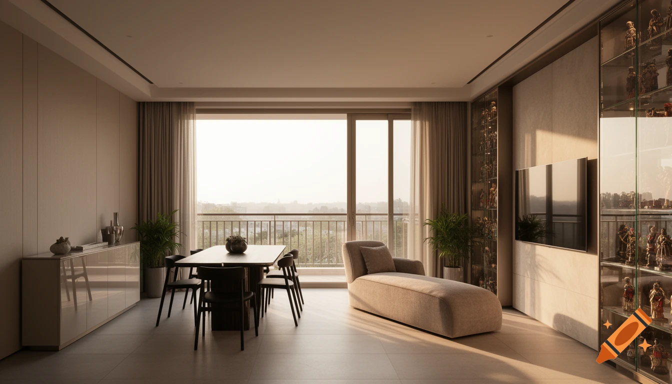 Modern living and dining room with a large window overlooking a city, featuring a dining table, chaise lounge, and glass display cases.