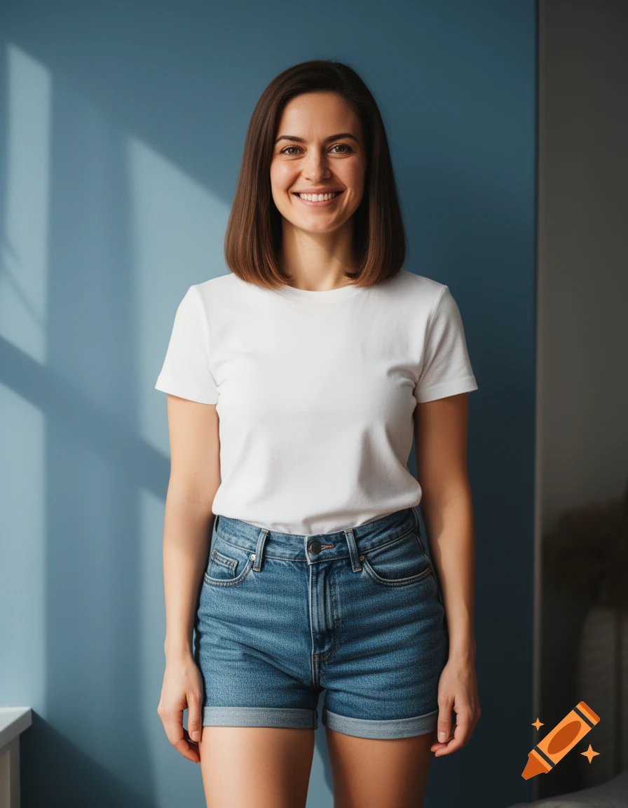 A smiling brunette woman in a white t-shirt and jean shorts stands in front of a blue wall.