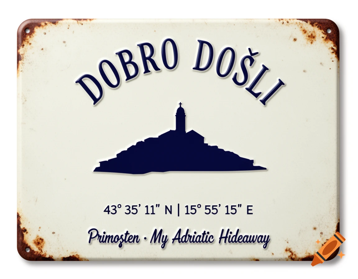 Vintage metal sign with rusty edges, text 'DOBRO DOŠLI', silhouette of Primošten peninsula with a church, coordinates, and 'Primošten My Adriatic Hideaway'.