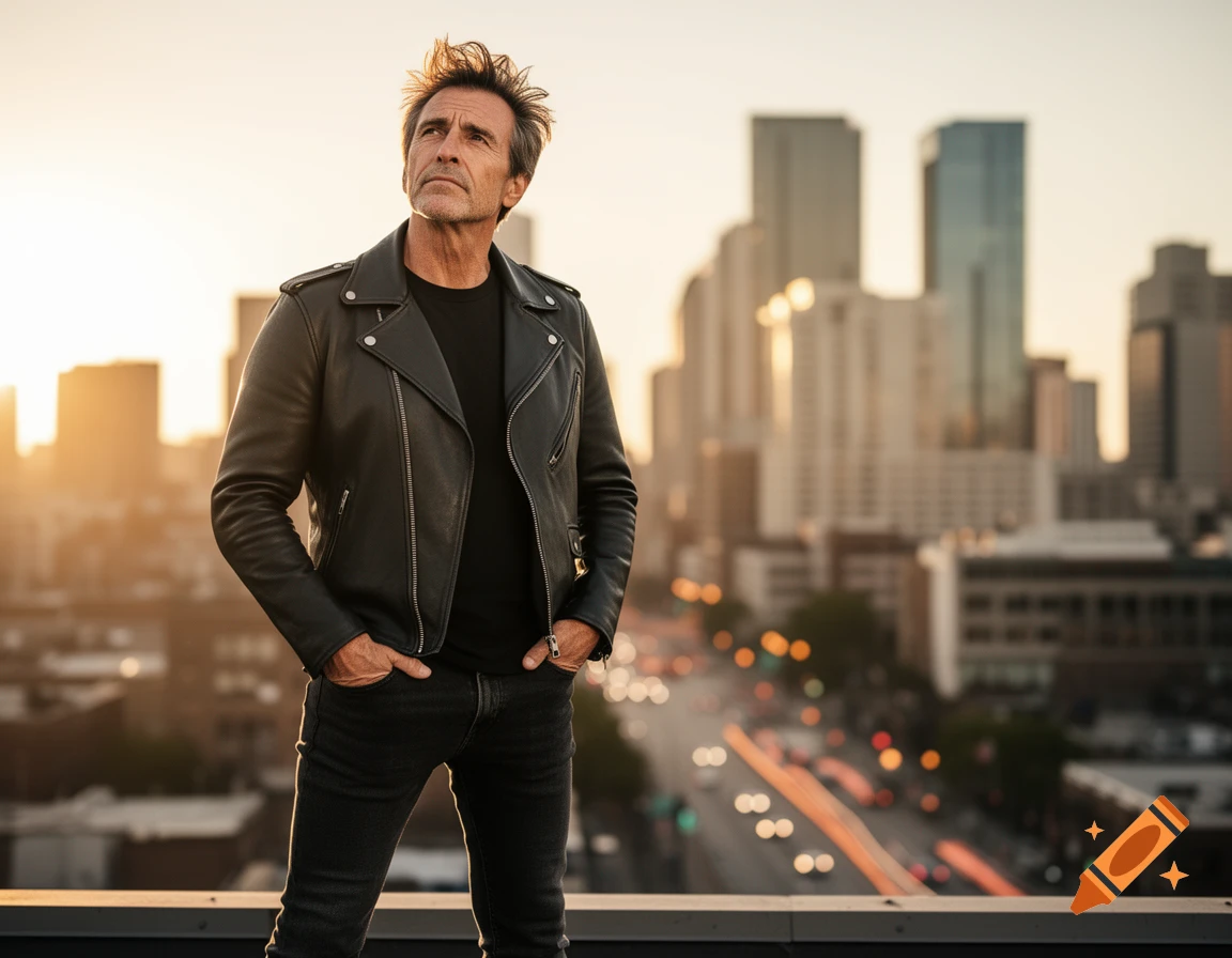 Photorealistic portrait of a man in a leather jacket on a city rooftop at sunset.