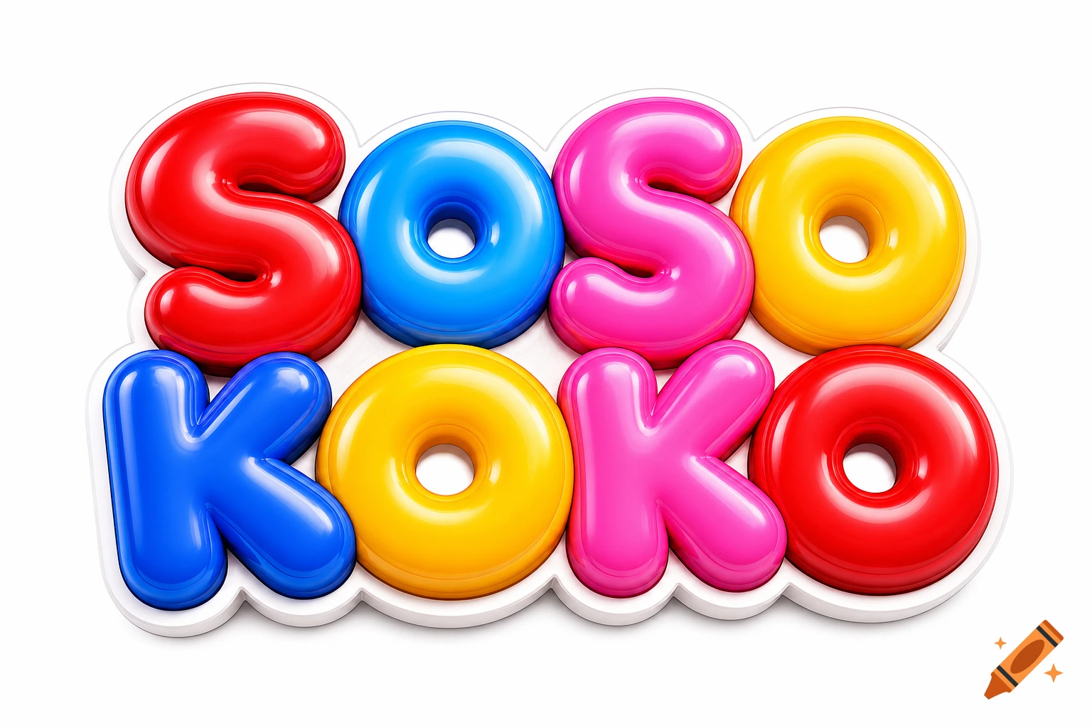 3D glossy bubble letters spelling 'SOSO KOKO' in red, blue, pink, and yellow on a white background, in a kids cartoon style.